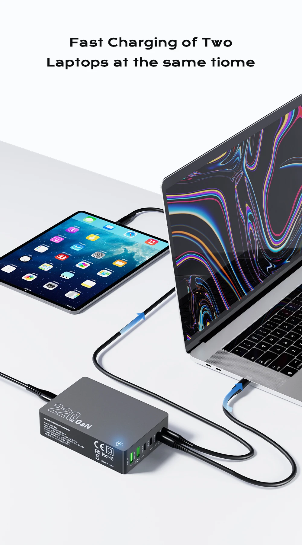 220W GaN Desktop-Ladegerät mit 6 Anschlüssen, PD 100W USB Typ C QC 3.0 Schnellladestation für iPhone 17 Pro, Tablet, MacBook, Samsung Laptop – Detail 4