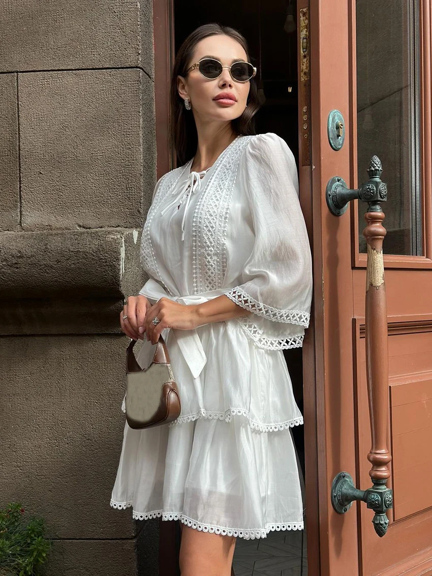 Marthaqiqi Elegant Women Sleepwear Sexy V-Neck Pajama Lace Up Nightie Three Quarter Sleeve Nightwear Mini Dress Ladies Nightgown