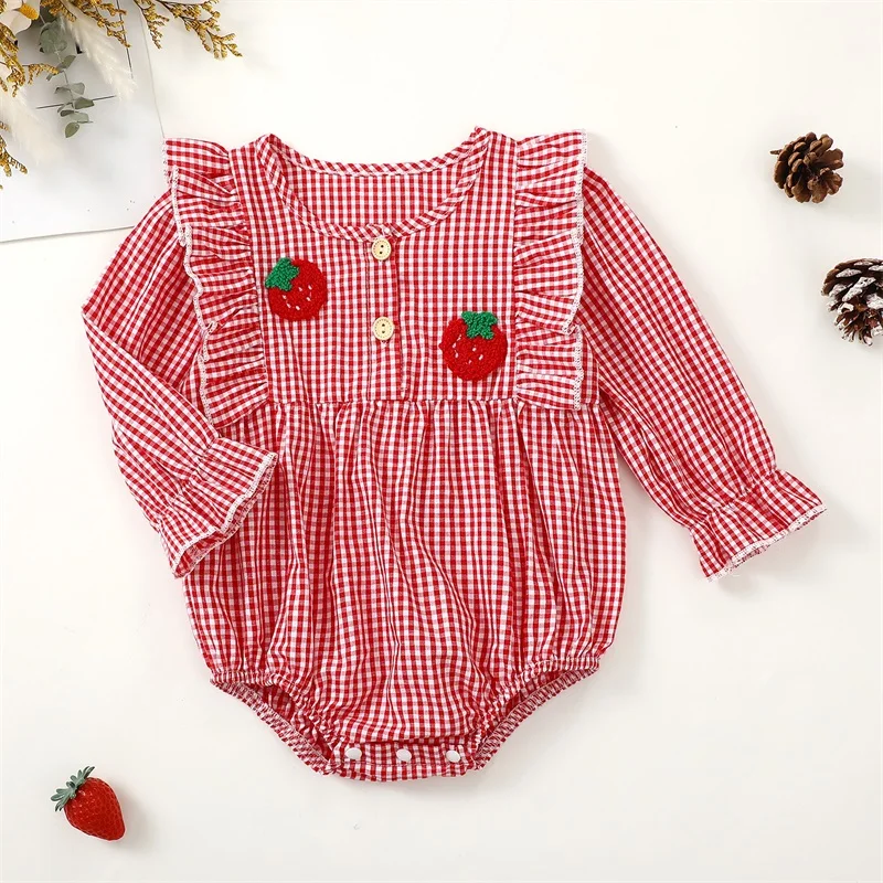 Adorable Toddler Plaid Overall with Cherry Embroidery and Ruffle Detail Long Sleeve Romper for Stylish Autumn Outfits