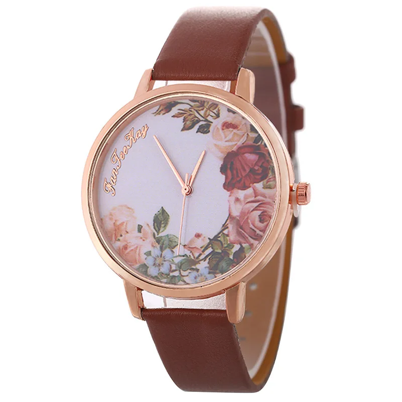 fashion flower pattern pu leather quartz women casual watch