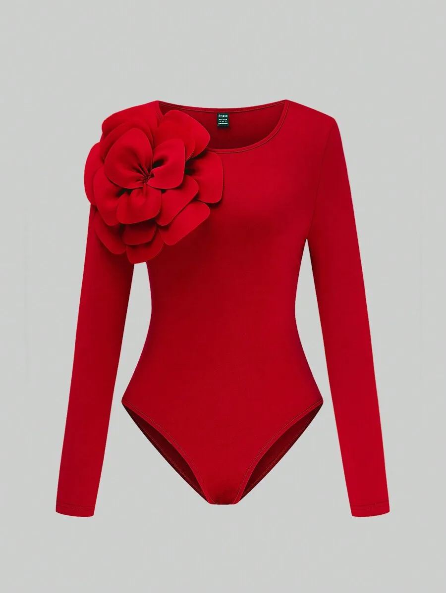 

Красное боди с длинными рукавами и круглым вырезом, с 3D-цветочным аппликацией, высокая эластичность, облегающий крой