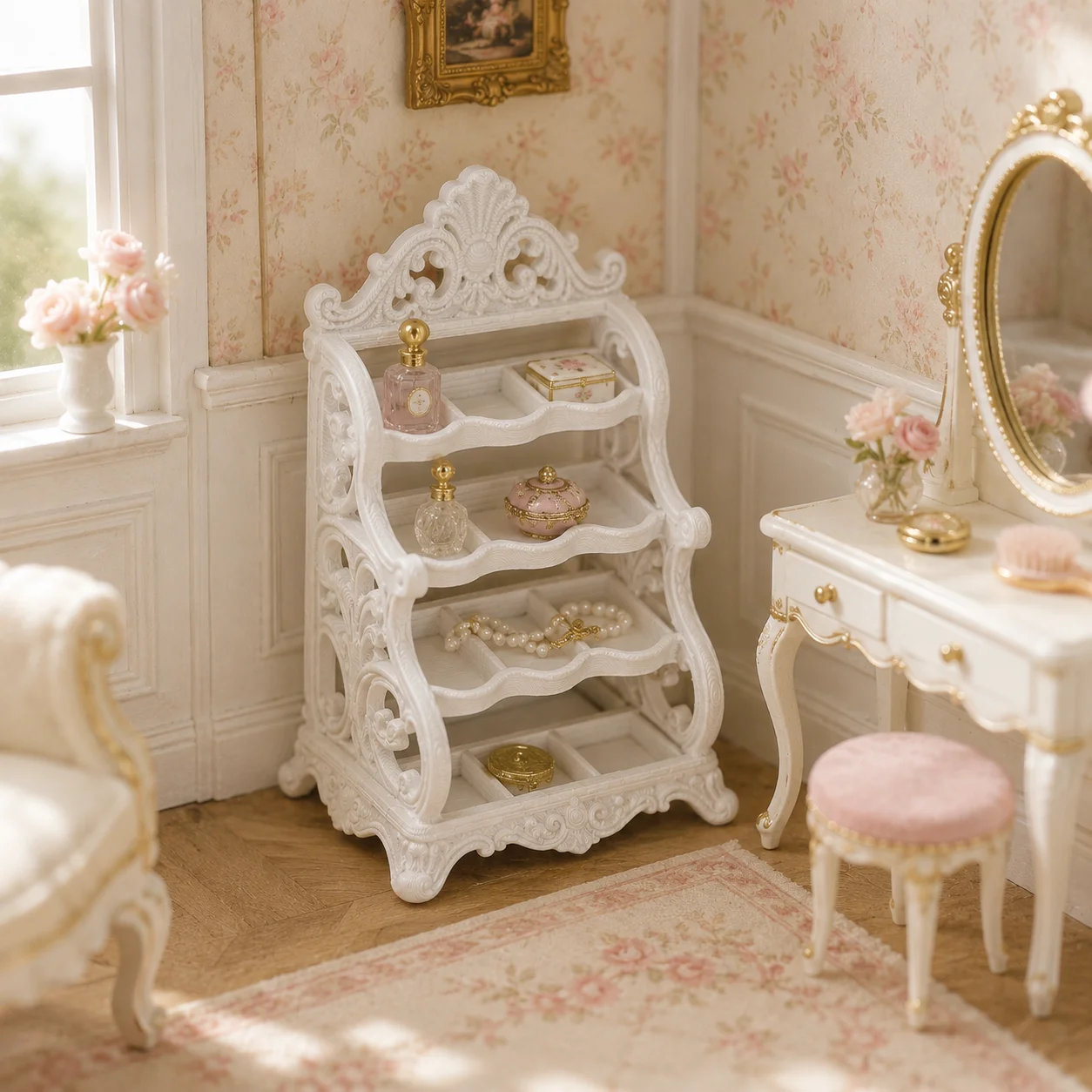 Miniature carved shelves, four-layer compartmentalized storage rack, dollhouse entrance furniture decorative accessories.