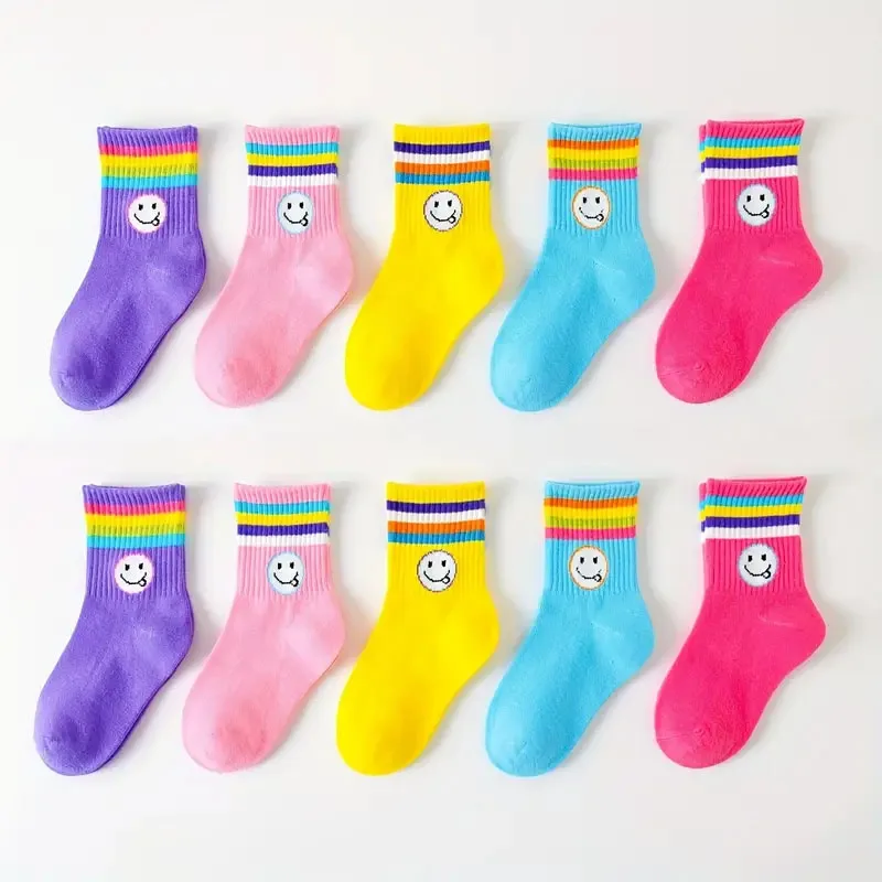 5 Paar Mädchensocken mit niedlichem Cartoon-Emoticons-Gesichtsmuster, bequeme, atmungsaktive Söckchen für Kinder – Detail 1