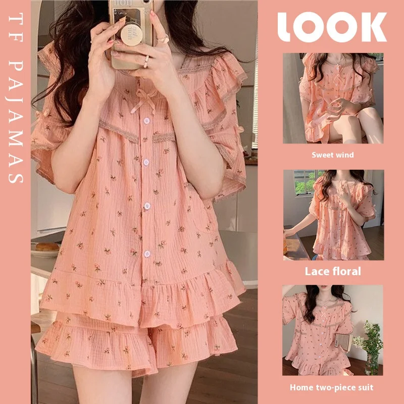 

Summer New Ladies Ins Style Short-Sleeved Pajamas Girls Summer Sweet Floral High Value Short-Sleeved Shorts Bow Student Homewear