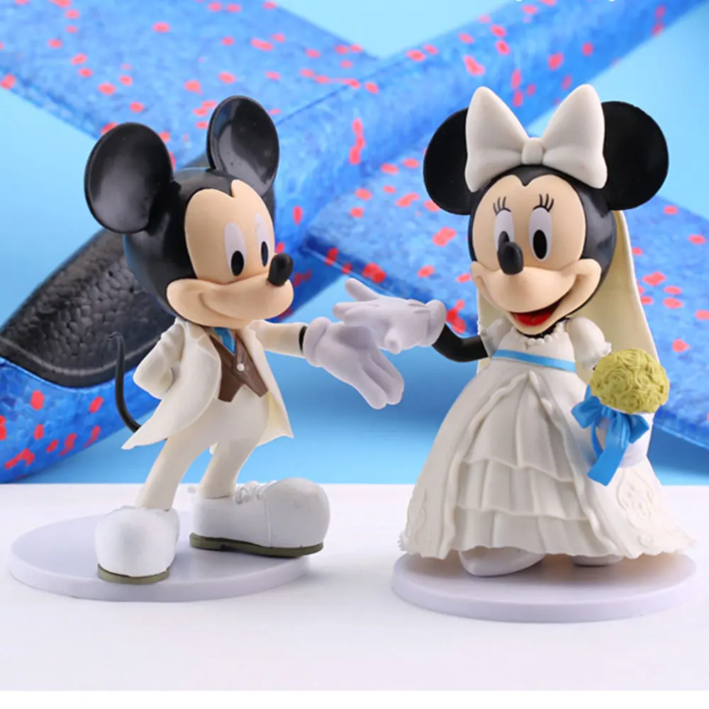 2pcs/Lot Disney Mickey Mouse Minnie Marry Wedding Dress Couple Action Figure Toy Doll White Dress Cake Decoration Gifts For Kids