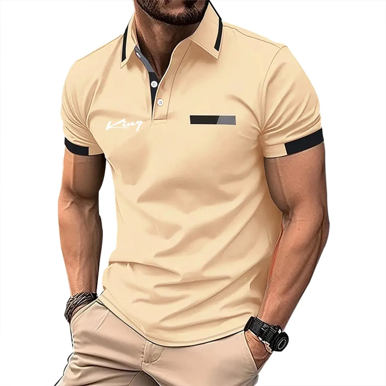Men's Summer Fashion Short-Sleeve Sports Stand-Up Collar Business Casual Polo Shirt for Men with 3D Digital Printing and Quick-D