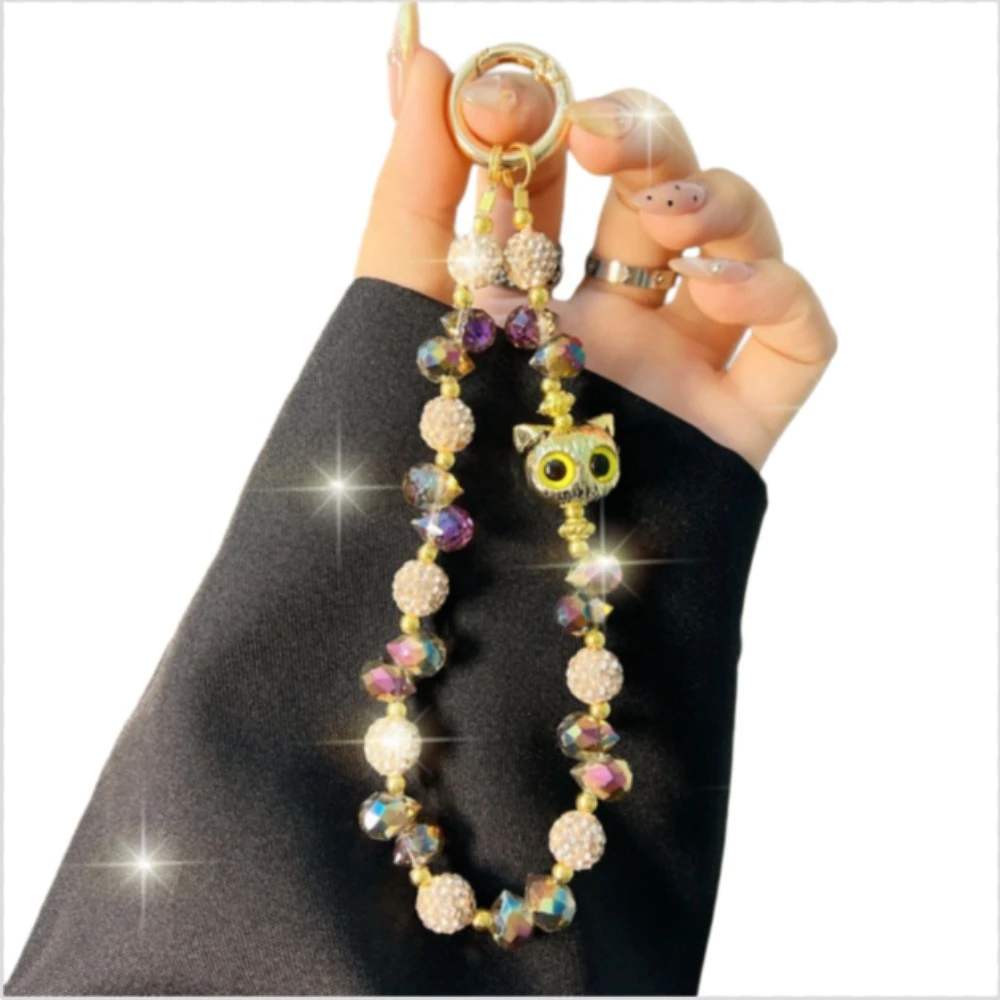 Luxury cat set diamond round bead crystal bead mobile phone chain, fashionable bag decoration, keychain