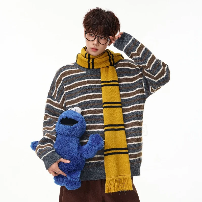 TFETTERS 2026 Autumn Winter Vintage Men Knit Pullover O-Neck Striped Color Contrast Japanese Style Loose Lazy Commute Sweater