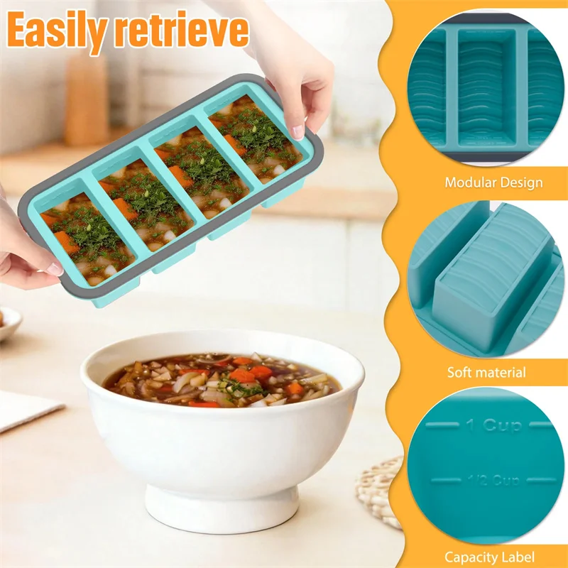 3Pcs Silicone Freezer Tray Mold 2-4 Grid Leakproof Soup Freezer Ice Cube Tray Reusable Freezer Food Container for Home Kitchen
