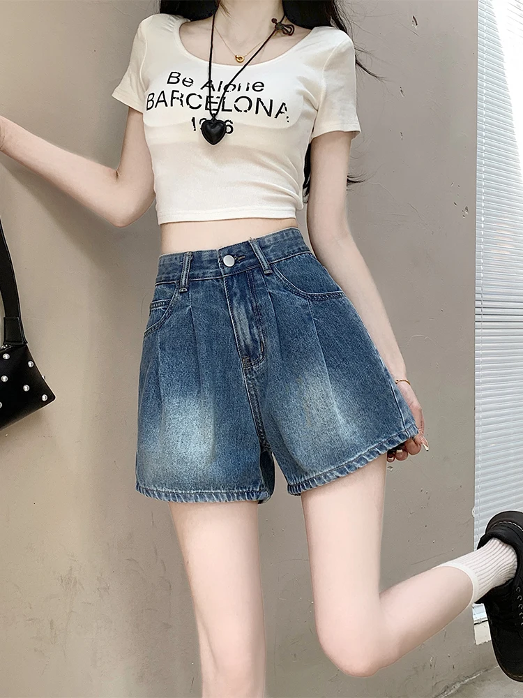 

High Waist A-Line Denim Shorts Women's Summer Loose Vintage Pleated Wide Leg Casual Hot Pants Slimming Effect Deep Color