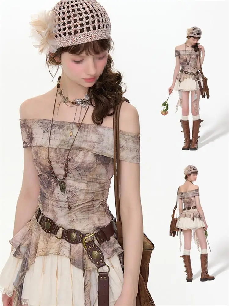 Brown One Shoulder Printed Slimming Short Skirt Two Piece Set Summer New Style Asymmetrical Hem Commute Style Korean Version
