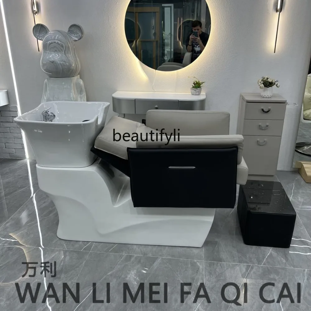 Barber Shop Shampoo Chair Hair Salon Fashion Simple Ceramic Deep Basin Half Lying Flushing Bed