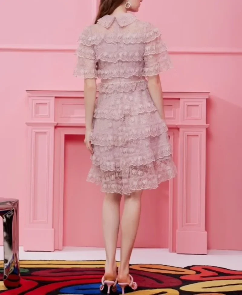 Nuovo ricamo pizzo rosa abito da donna aderente manica corta estate elegante abbigliamento da donna sfilata design festa vestido albicocca