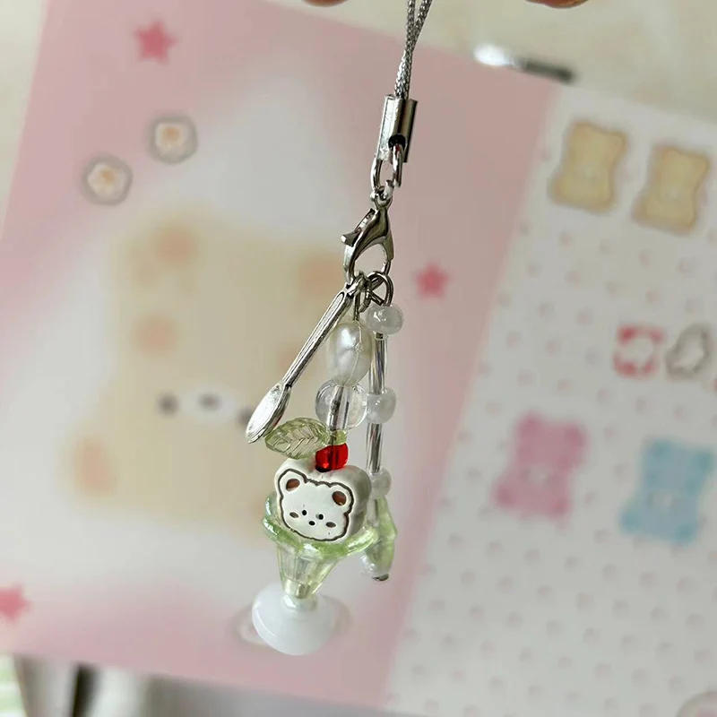 Y2K Cute Bear Cat Ice Cream Keyring Soda Melon Ice Cream Star Beaded Keychain for Phone Camera Case Kawaii Pink Bow Key Chain