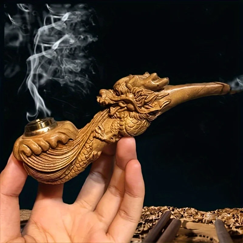 Hand‑Carved Dragon Solid Wood Tobacco Smoking Pipe Vintage Collectible Smoking Accessory Gift For Smokers