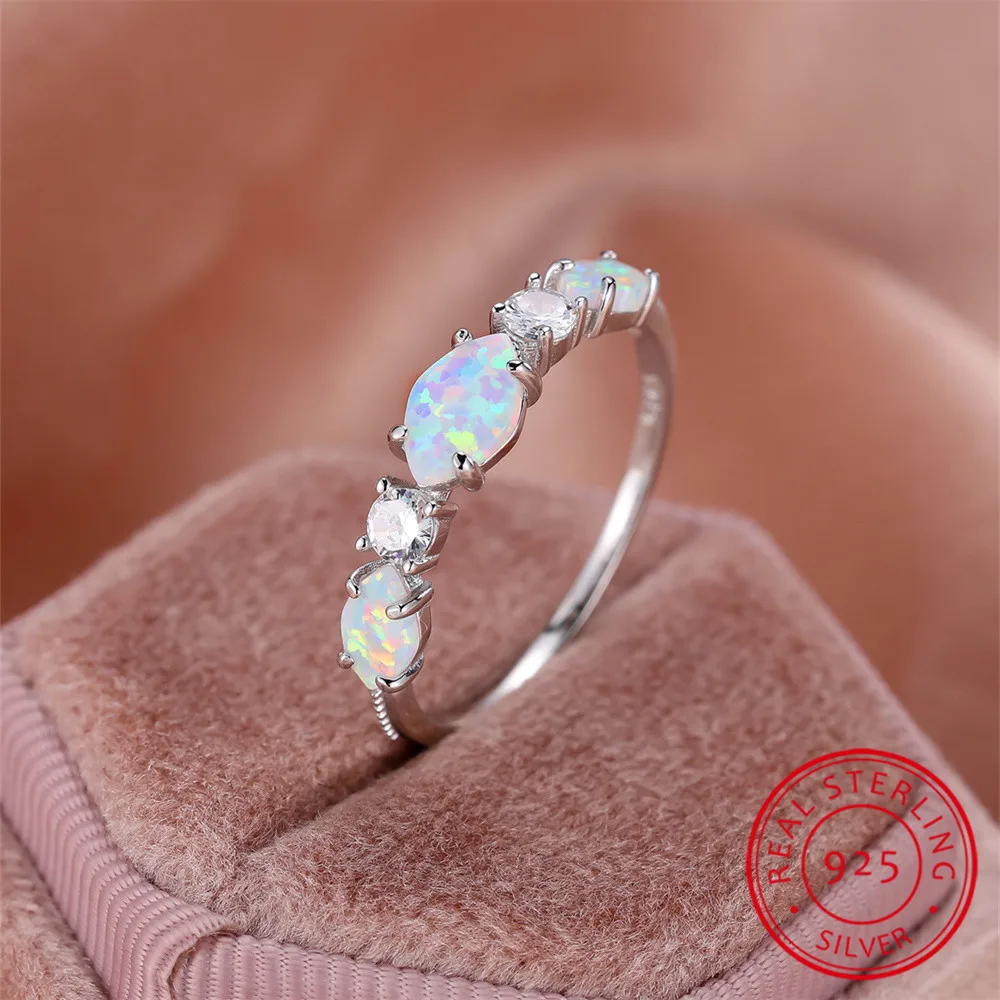 Marquise Stone White Fire Opal Ring Real 925 Sterling Silver Engagement Rings For Women Wedding Band Crystal Jewelry