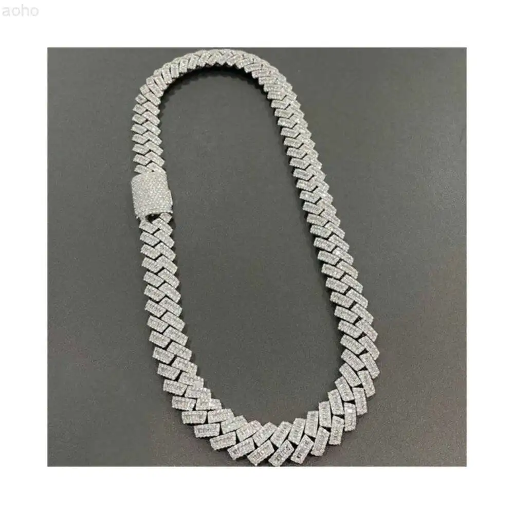 14mm Baguette Miami Cuban Link Chain Vvs Moissanite Diamond Stubbed 925 Sterling Silver White Gold Plated with Baguette Lock