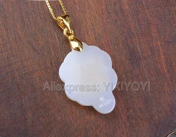 Natural White Hetian Jade Solid Gold Inlaid Carved Heart Tree Leaf Lucky Pendant Chain Necklace Charm Gift Jewelry + Certificate