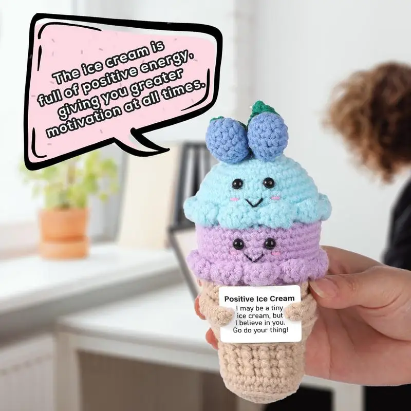 Emotional Support Food Plushies Crochet Ice Cream With Positive Card Crochet Plushies Cheer Up Knitting Toy Ornaments Positive