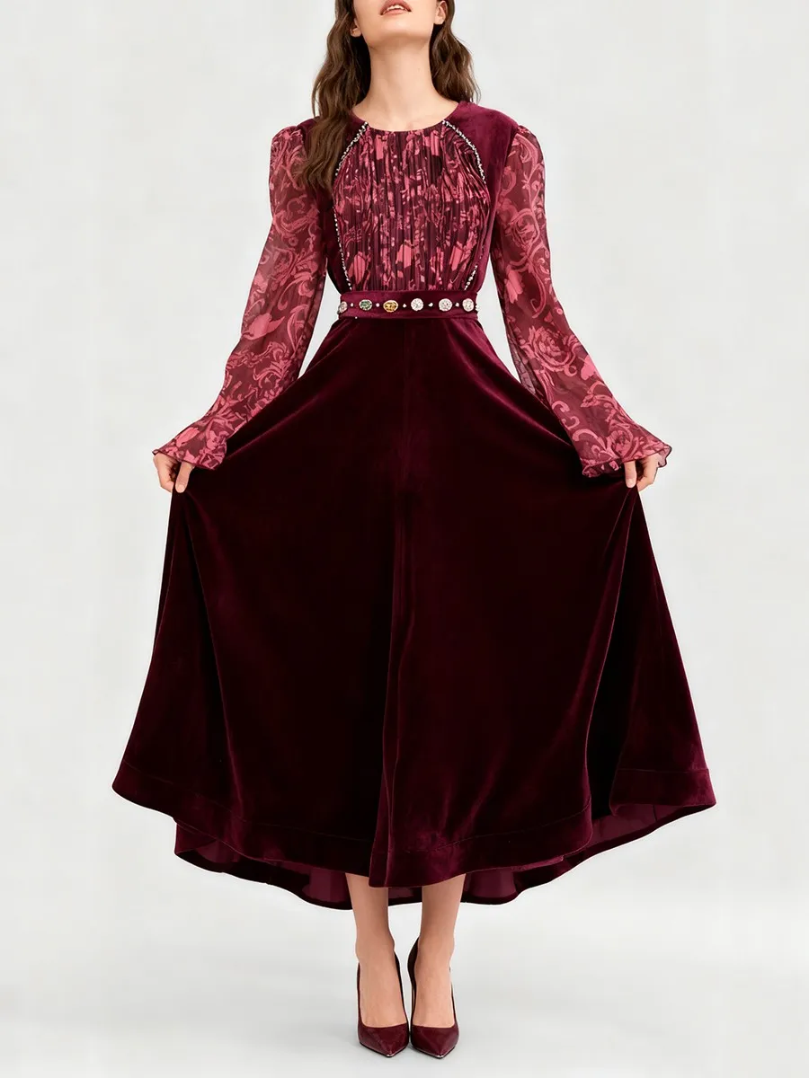 ชุดเดรส TWOTWINSTYLE ลายพิมพ์ ทรงเข้ารูป แต่งลูกปัด ดีไซน์หรูหรา สำหรับผู้หญิง คอทรงโอ แขนยาว ผ้าซีทรู แต่งระบาย