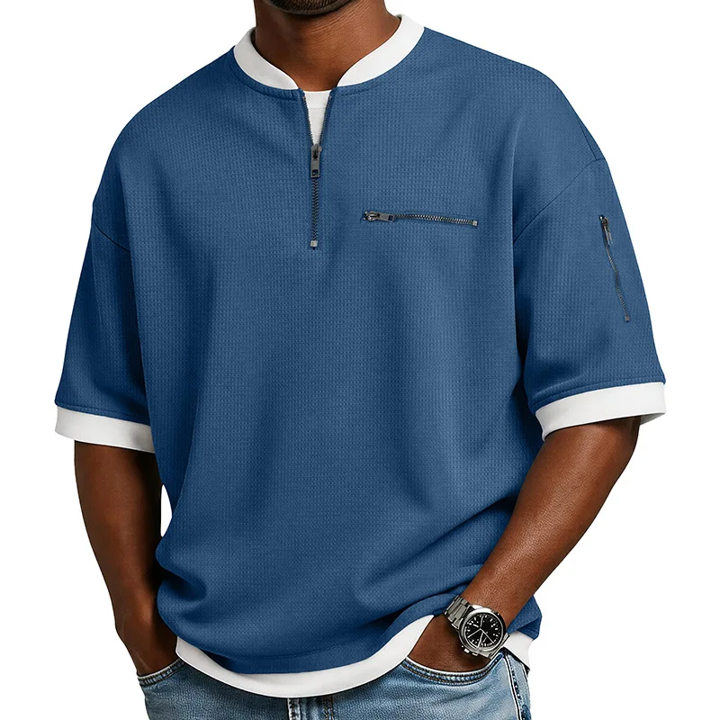 Men's Vintage Waffle Knit Half Zip Henley Short Sleeve T Shirt Casual Loose Fit Top