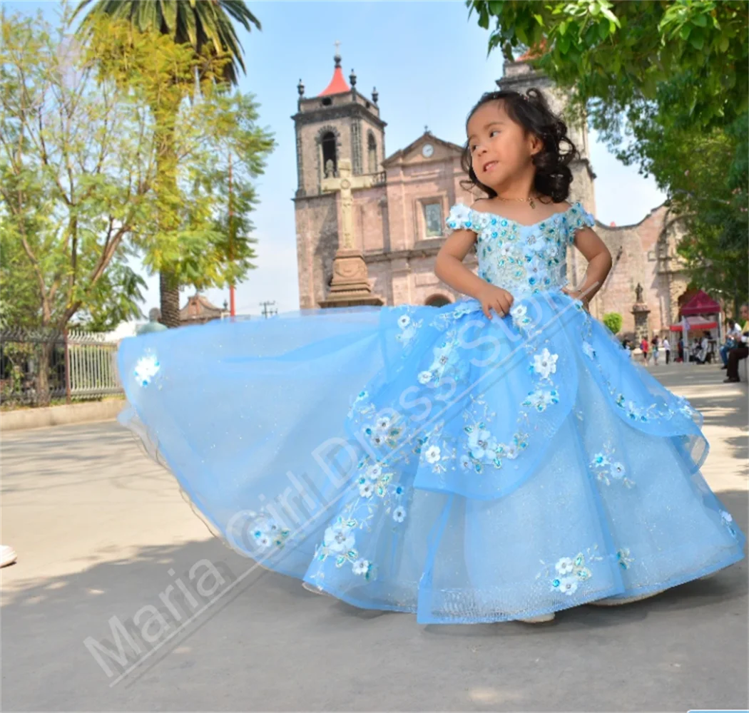 

Небесно-голубое милое платье с цветочным узором для девочек, кружевное платье с драгоценными камнями и вышивкой, конкурс красоты, платье принцессы для крещения, причастия