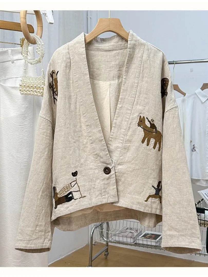 

Large Size 300 Pou Embroidered Heavy Work Artistic Sle V-Ne Unique Men's Linen Jaet Coat for Spring Autumn