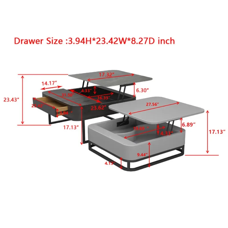 

Современный квадратный журнальный столик с подъемной столешницей серого цвета с вложенными ящиками для хранения в офисе и гостиной