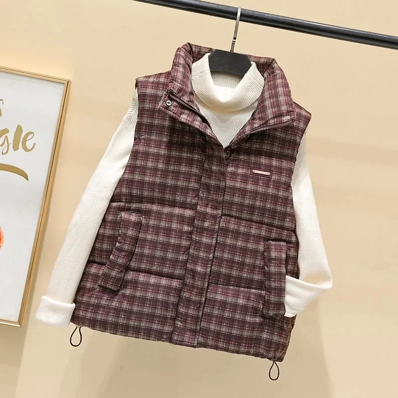 

Новинка 2023 года, осенне-зимнее пальто, корейский женский клетчатый пуховый хлопковый жилет, короткая куртка с воротником-стойкой, жилет без рукавов, женская верхняя одежда