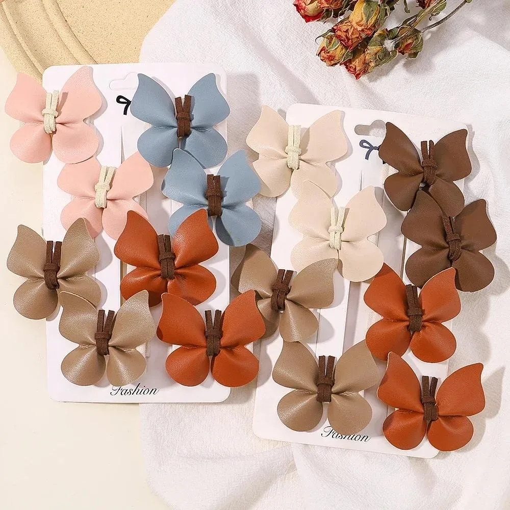 

4 Set Random Color Cute Butterfly Hair Clips for Kids Handmade Leather HairpinsSolid PU Baby Hair Accessories Gift Set
