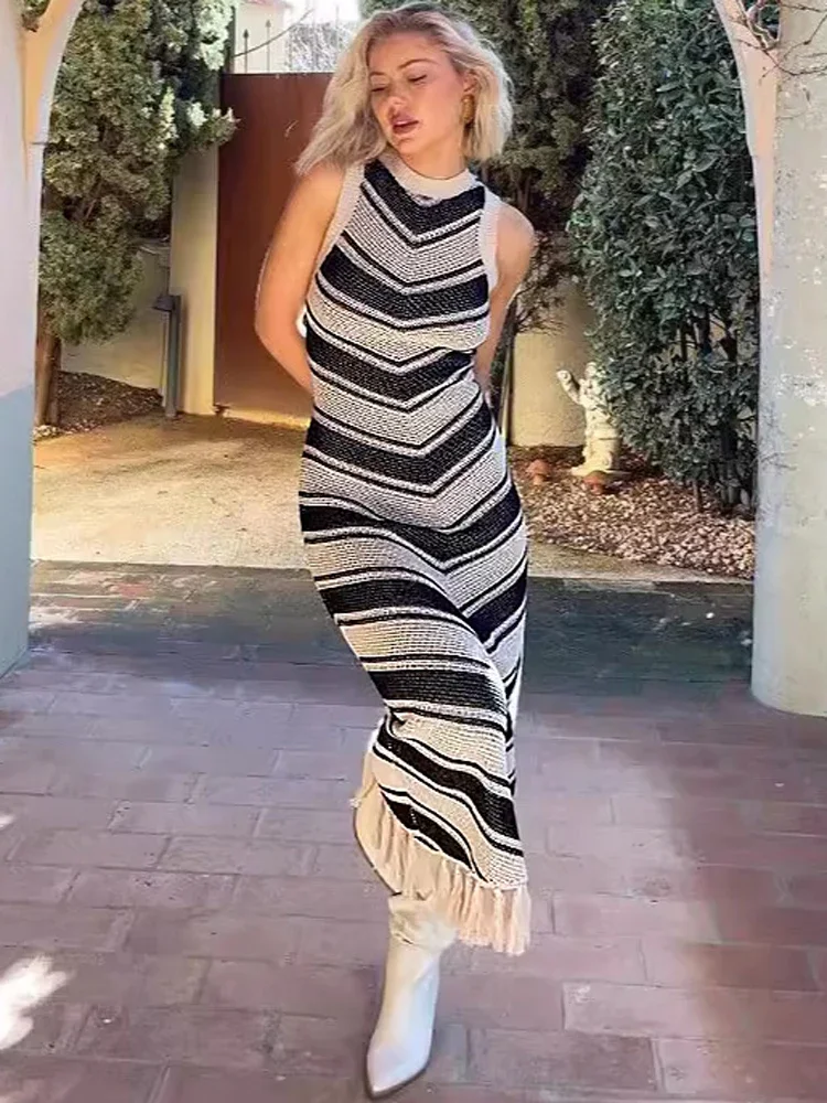 Sexy Tight Striped Tassel Knitted Dress For Women Sleeveless 2024 Summer Fashion Beach Party Evening Long Knitwear Dress
