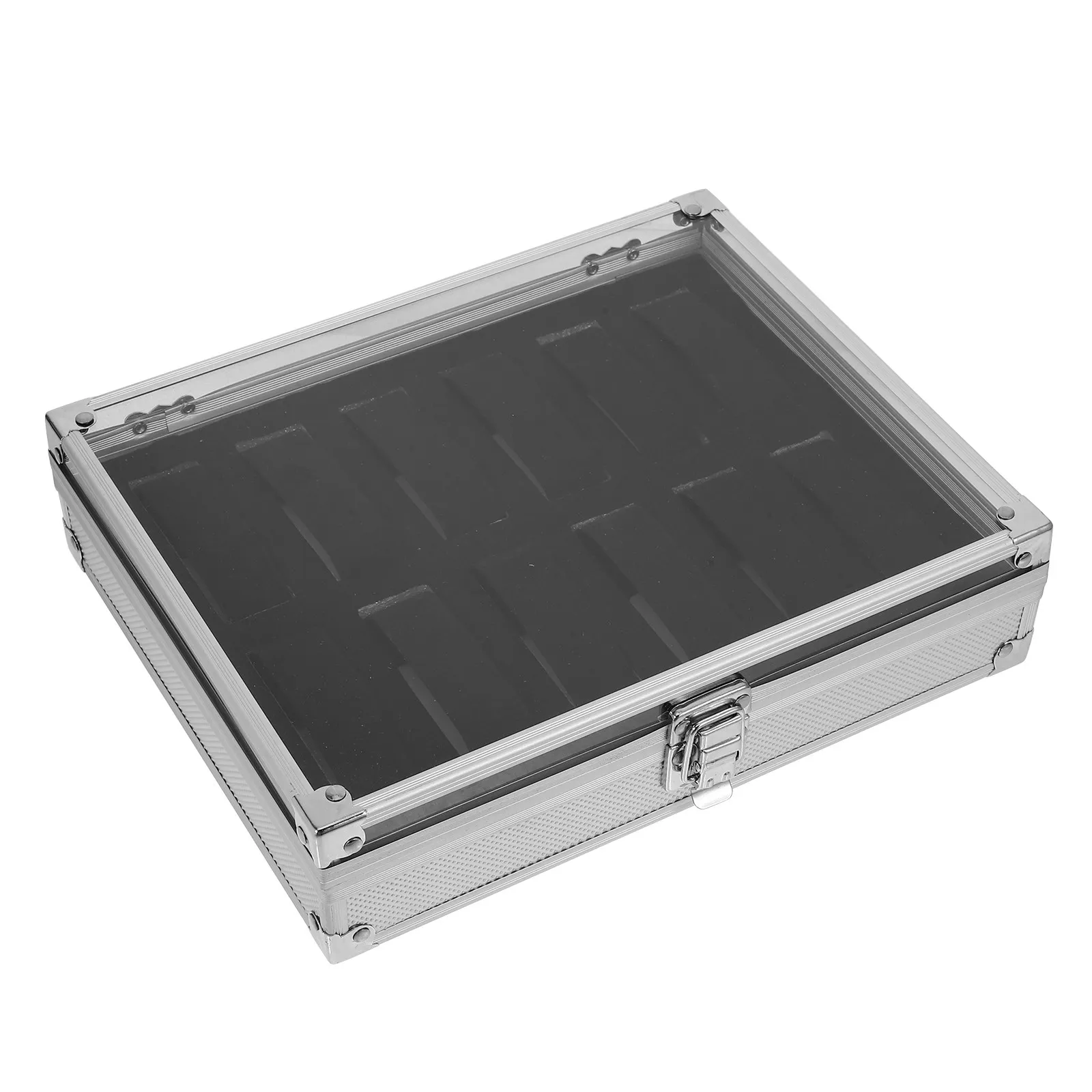 Heavy Duty Aluminum Alloy Watch Box 12 Slot Display Storage Case Transparent Plastic Faux Suede Interior Dustproof