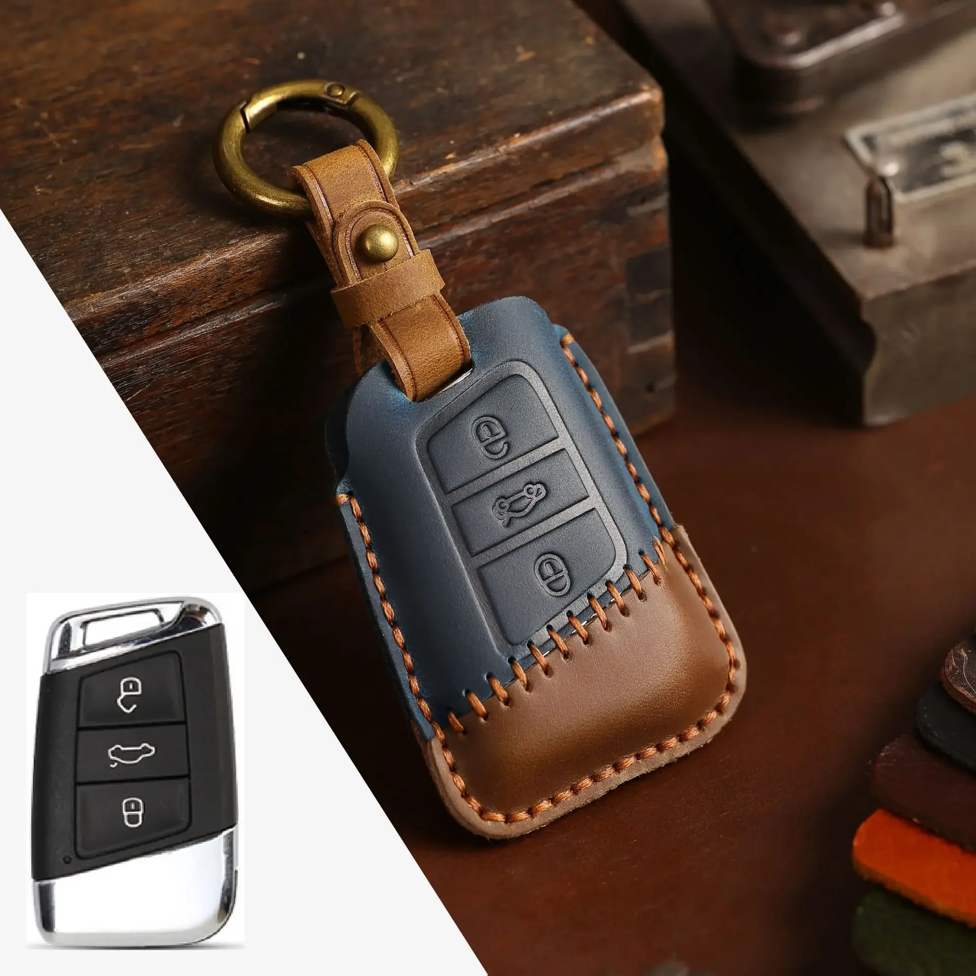 

1pc Leather Car Key Cover Case Keyring Bag For Volkswagen Passat VW New Magotan B8 B7 330 Fob Protector Keychain Holder