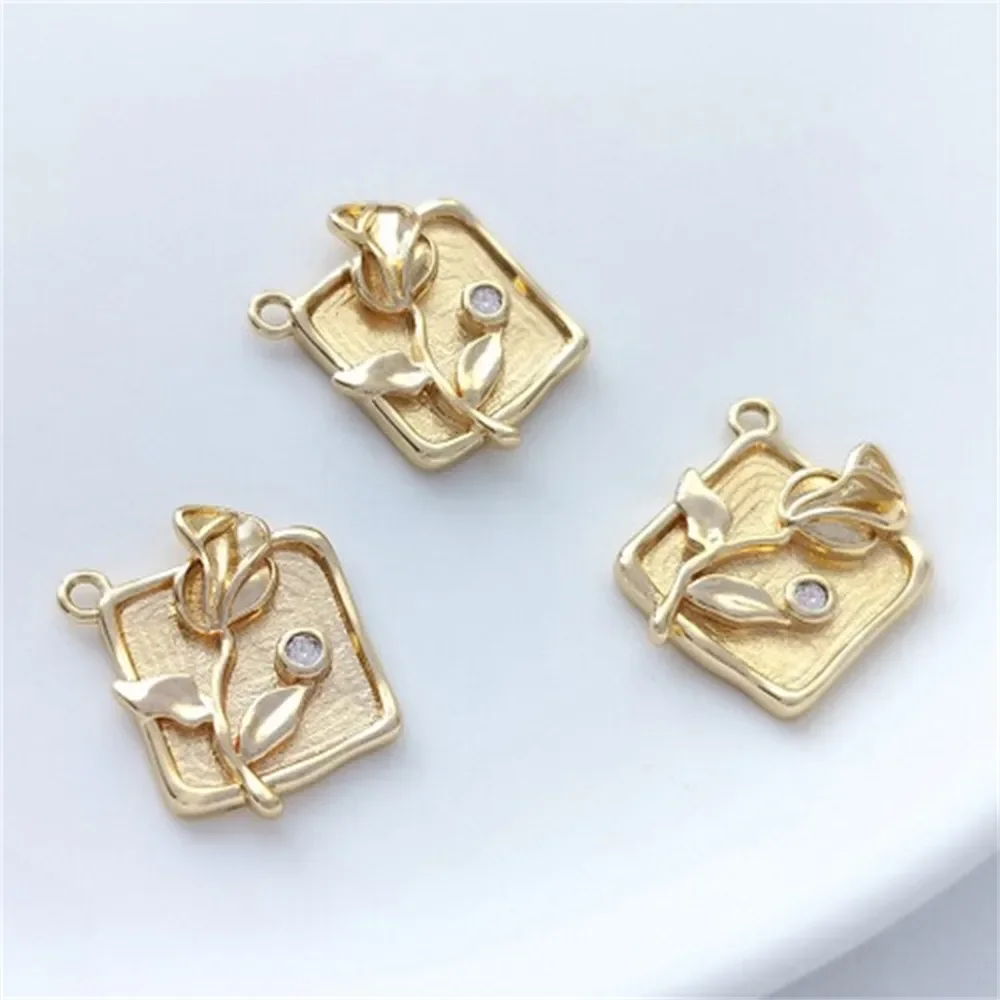 14K Gold-Color Zirconium Diamond-shaped Square Brand Rose Magnolia Flower Pendant Handmade Bracelet Necklace DIY Charms Pendant