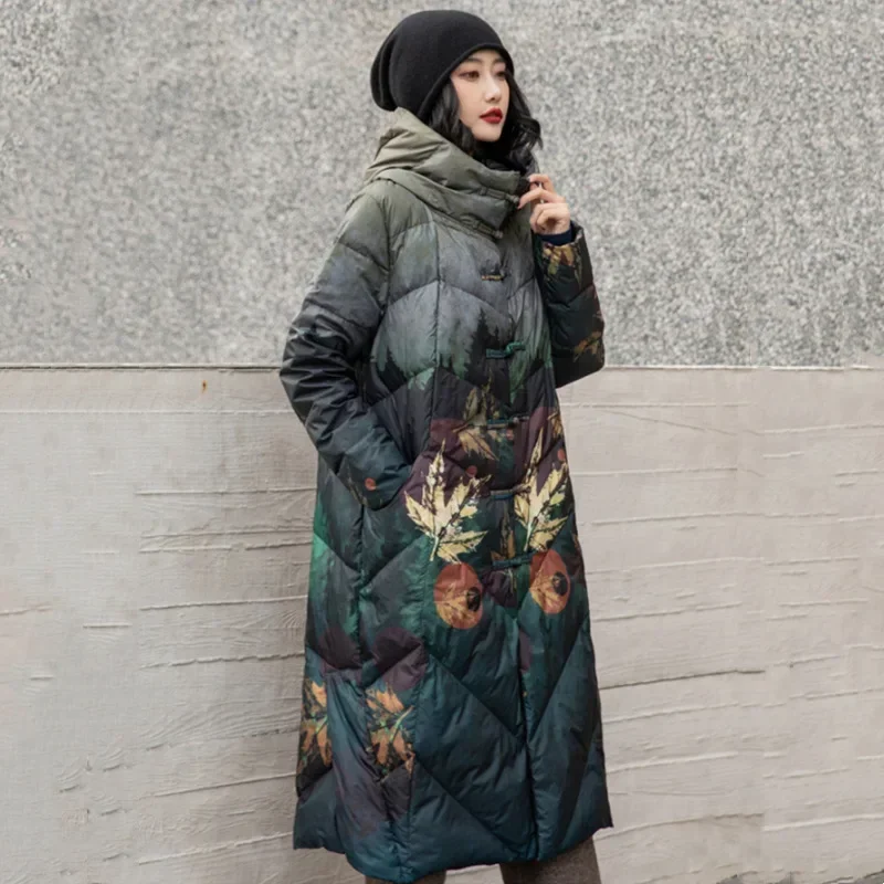 

90% White Long Jackets Woman Thick Warm Hooded Overcoats 2024 Fashion Autumn Winter Loose Casual Print Outerwear