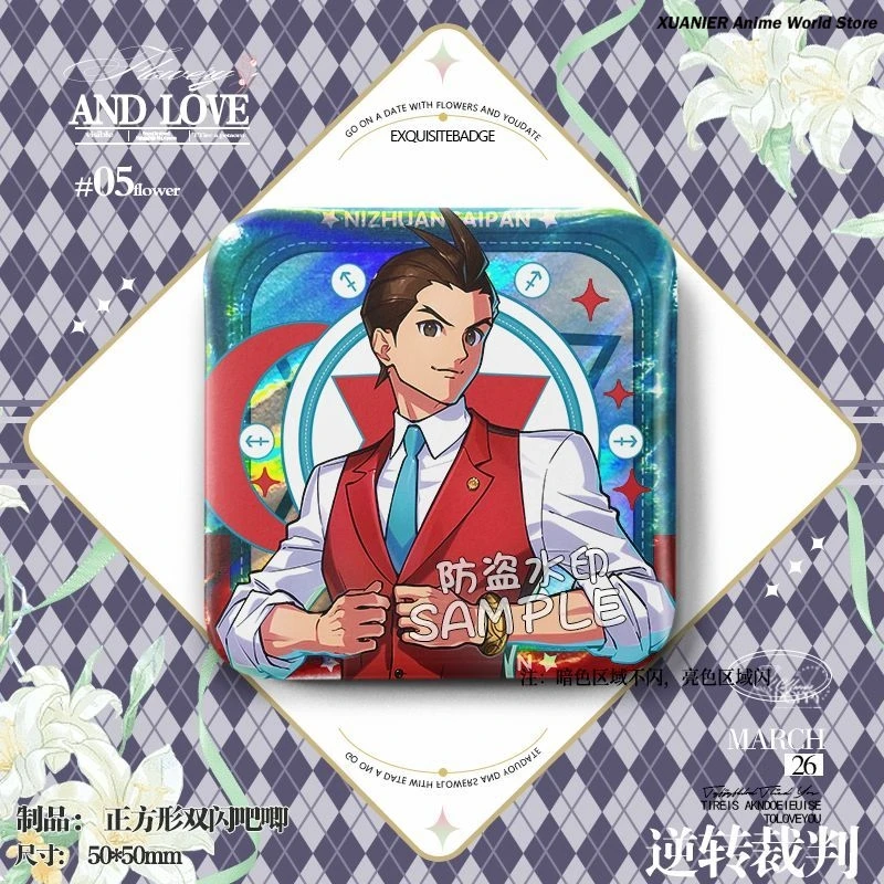 Miles Edgeworth Apollo Justice Ryunosuke Naruhodo Square Q Version Badge Brooch Pin Bedge Anime Decoration Backpack Pendant Gift view 5