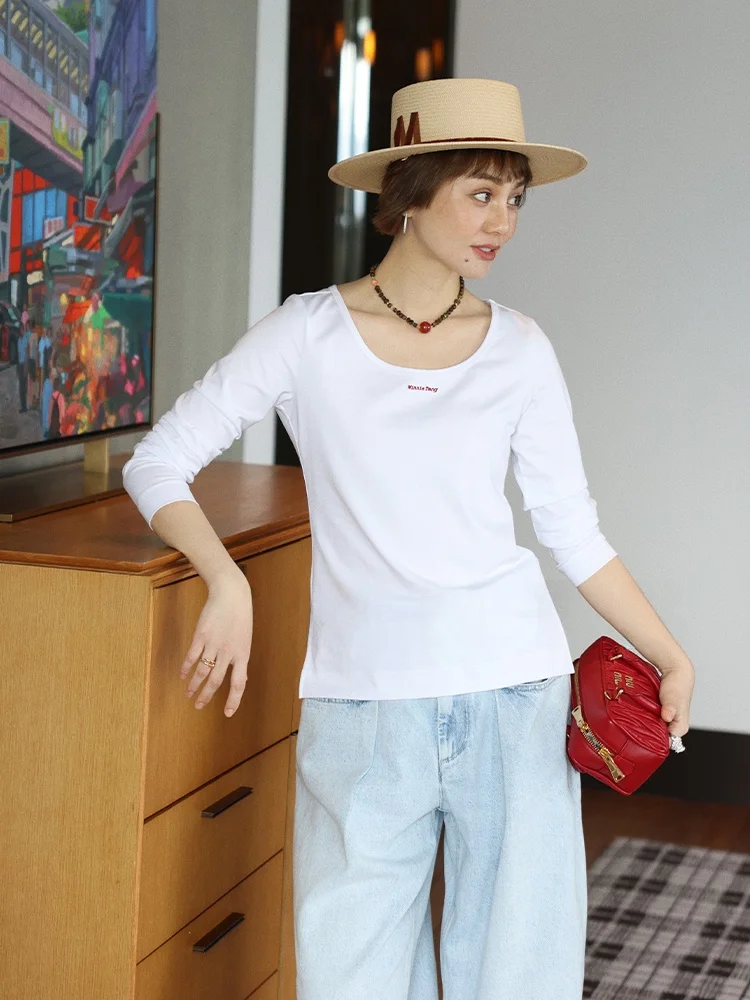 

WinnieTang утягивающая футболка U-Ne Long Sve с вышивкой букв, базовый слой, топ, повседневная женская футболка из смеси хлопка