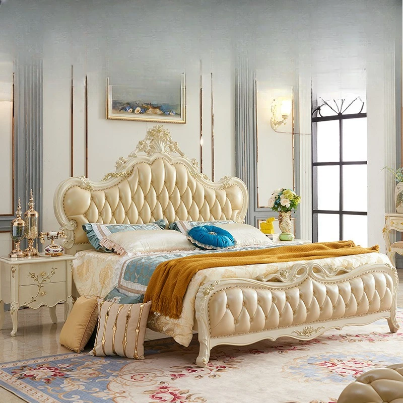 villa style 1.8 meters solid wood carving flower leather bed, bedroom luxury whole house furniture