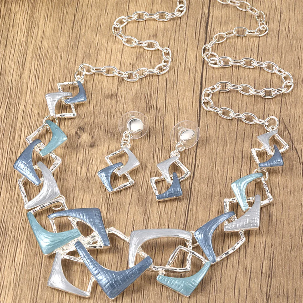 Women's Blue Enamel Geometric Necklace Set, Elegant Gift