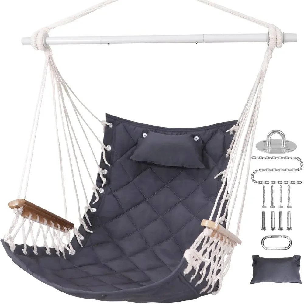 

Cotton Fabric Hammock Chair Hanging Swing, w/Wooden Armrests, Steel Spreader Bar, Pillows&Hardware kit Included,for outdoor