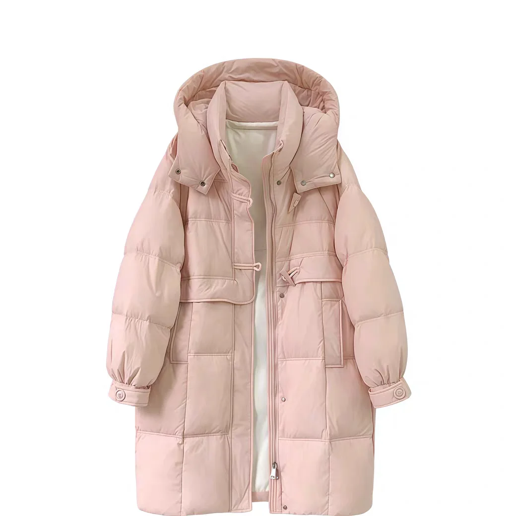 화이트 두 다운 자에 여성용 비대칭 디자인 한국 스타일 겨울 중간 길이 후드 코트 버튼 프론트 클로저 단색