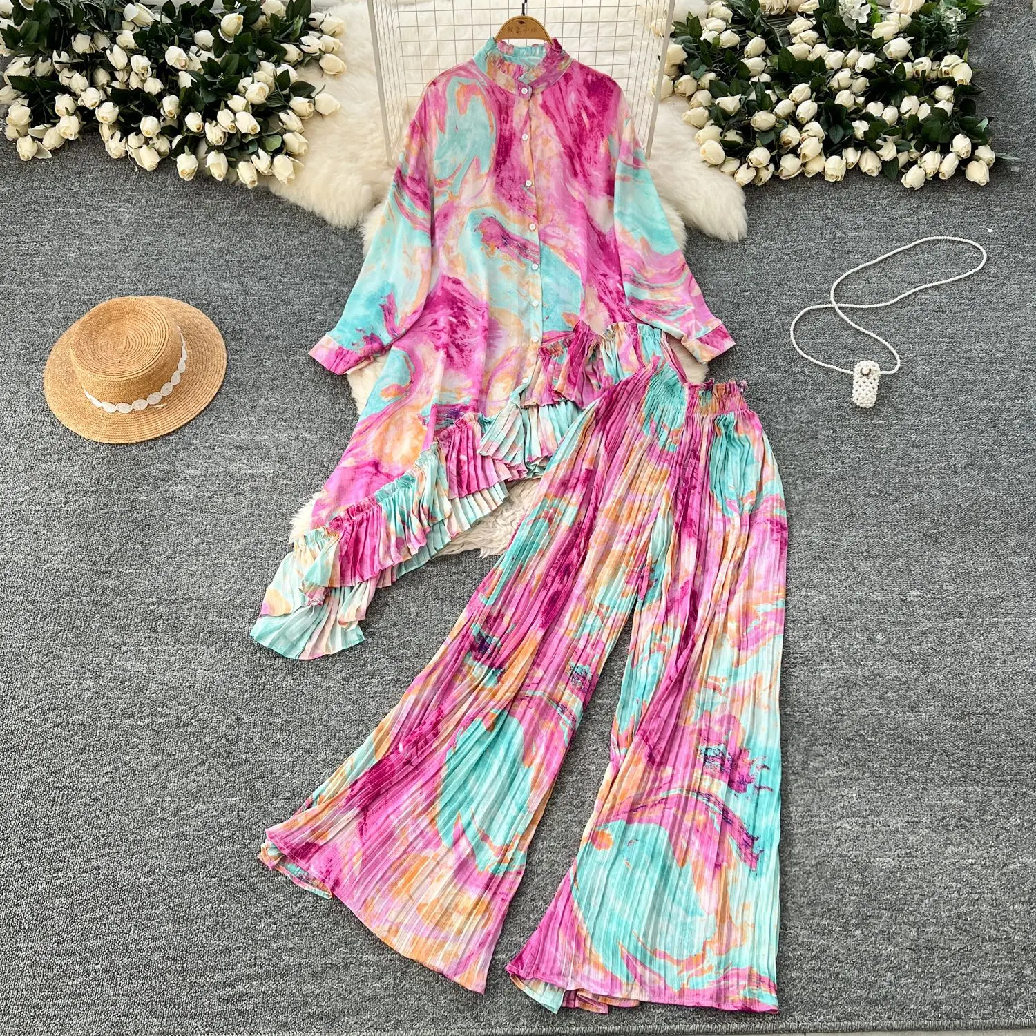 

Women Pant Set Two Piece Sets Irregular Full Sleeve Print Shirt Tops Y2k Streetwear Elegant Wide Leg Long Pants High Waist