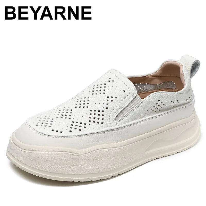 Spring Summer New Top Layer Cowhide Hollow Loafers Shoe Women's Fashion Casual Shoes Thick Soled Heightening Shoes