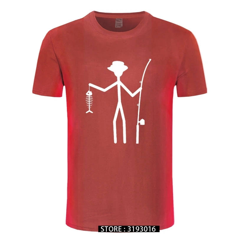 Cool Funny T-Shirt Men High Quality Tees Men\'s Fisherman Stick Figure Holding Fish Bones Cotton Short Sleeve T Shirts