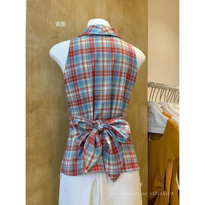

Korean Style Contrast Plaid Cross-stretched Shirt for Women's Summer V-neck Sleeveless Slim Fit Shirt Casual Fashionable Tees
