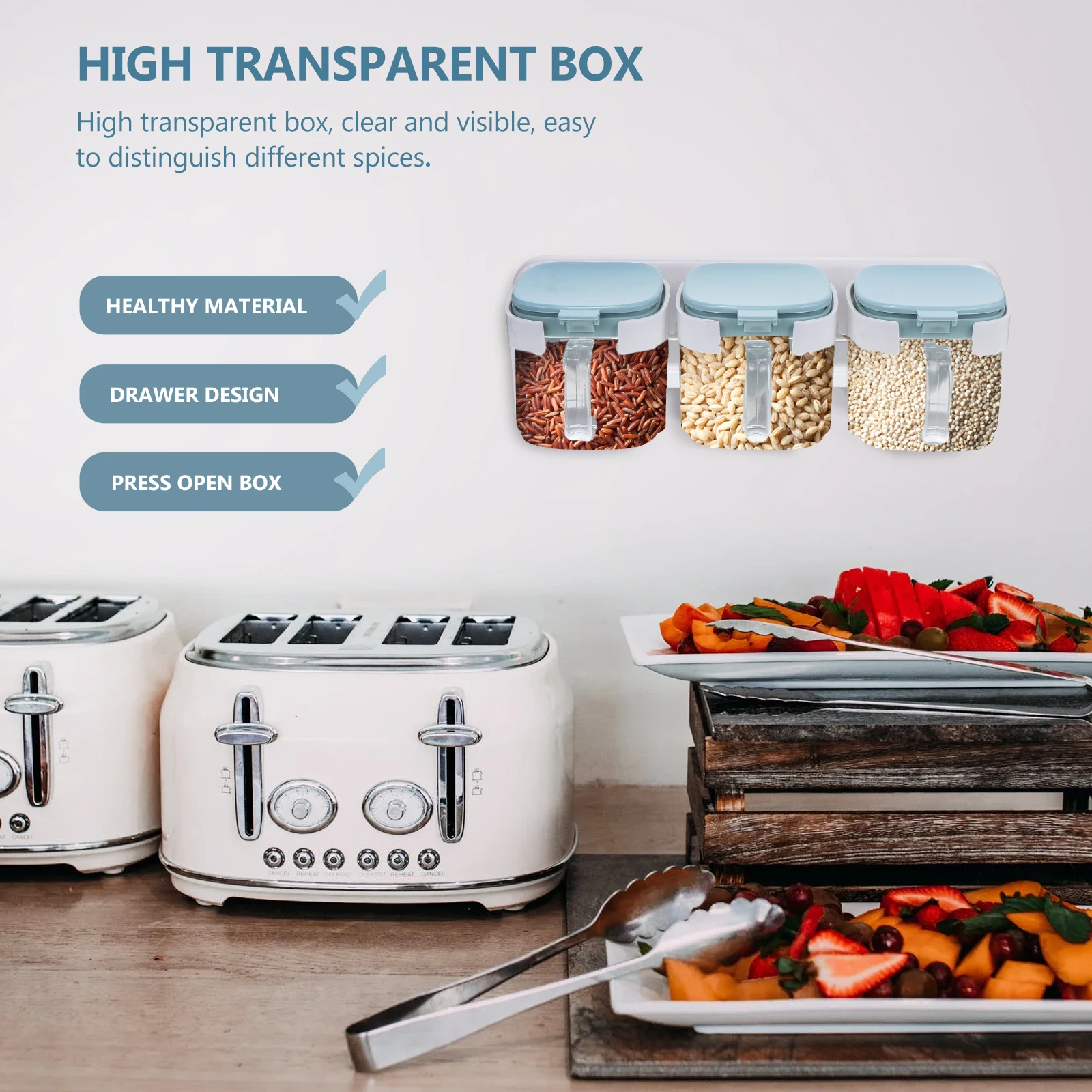 

3pcs Seasoning Storage Container Set Abs+Pp Material Spice Box Wall Mounted Kitchen Organizer Punch Free Hanging Rack For