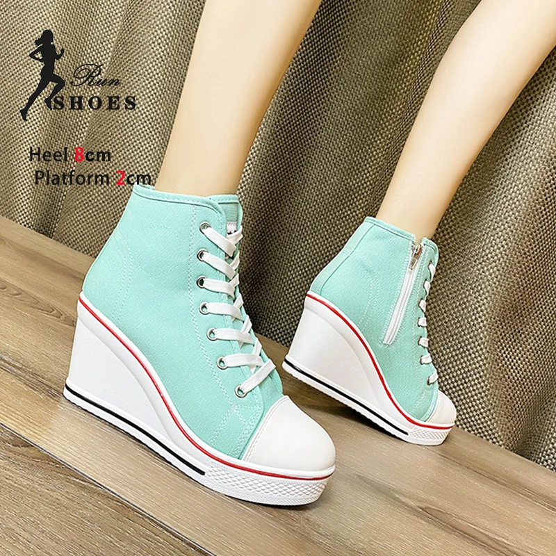 2024 New Women Sneakers 8CM Heels Height Increasing Platform Casual Shoes Woman Comfortable High Top Canvas Shoes Femme Footwear