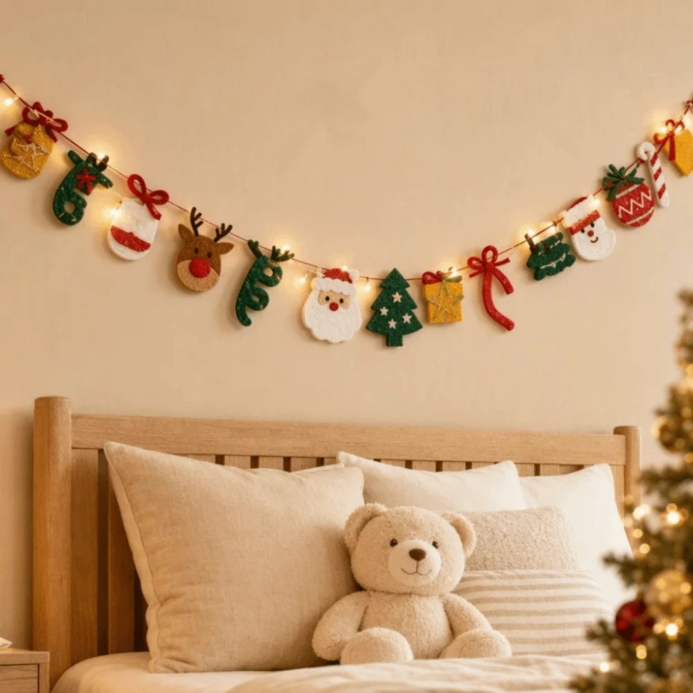 Ornament LED Light String Luminous Christmas Banner Handmade DIY Pull Flag Felt Material Polyester Garland Fireplace Mantel