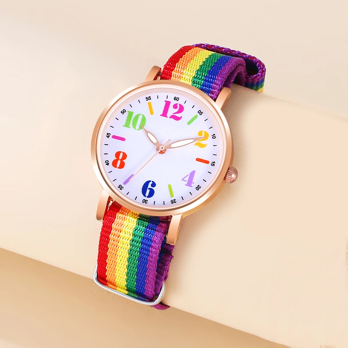 4Pcs Ladies Small Clear Rainbow Digital Pointer Nylon Strap Quartz Watch Girl LOVE Abacus Bead Rainbow Bracelet Bracelet Set