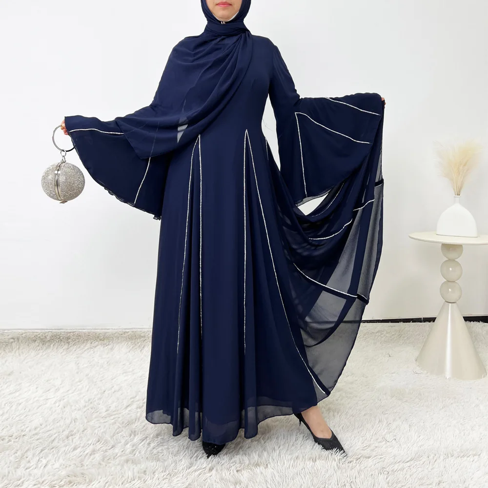 

Diamonds Chiffon Prom Dresses Hijab for Elegant Women Long Sleeve Floor Length Abayas A Line Muslim Evening Party Gown Vestidos